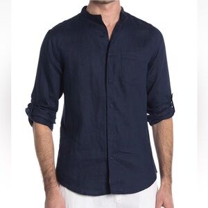 ONIA Eddy Soft Linen Navy Button Front Band Collar Shirt long sleeve M